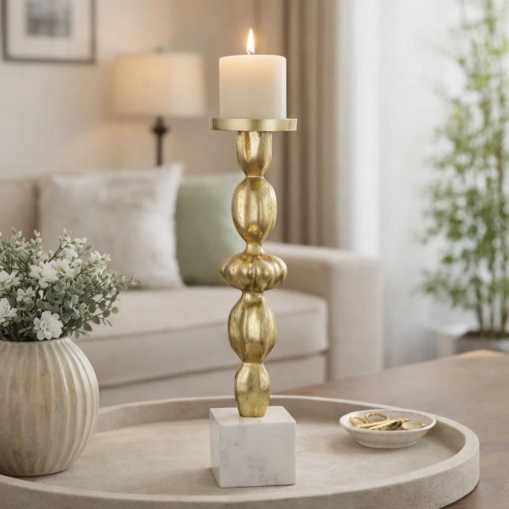 Doz Candle Holder | White Marble Base | 17" Gold Sphere Balls Stem