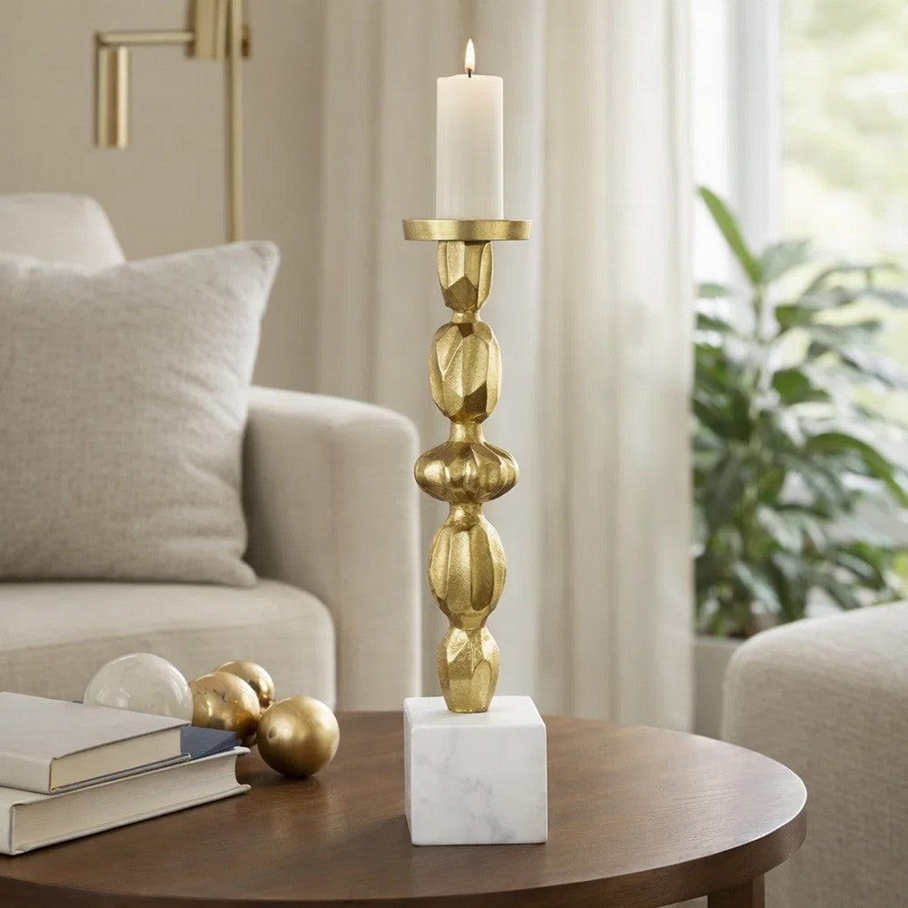 Doz Candle Holder | White Marble Base | 17" Gold Sphere Balls Stem