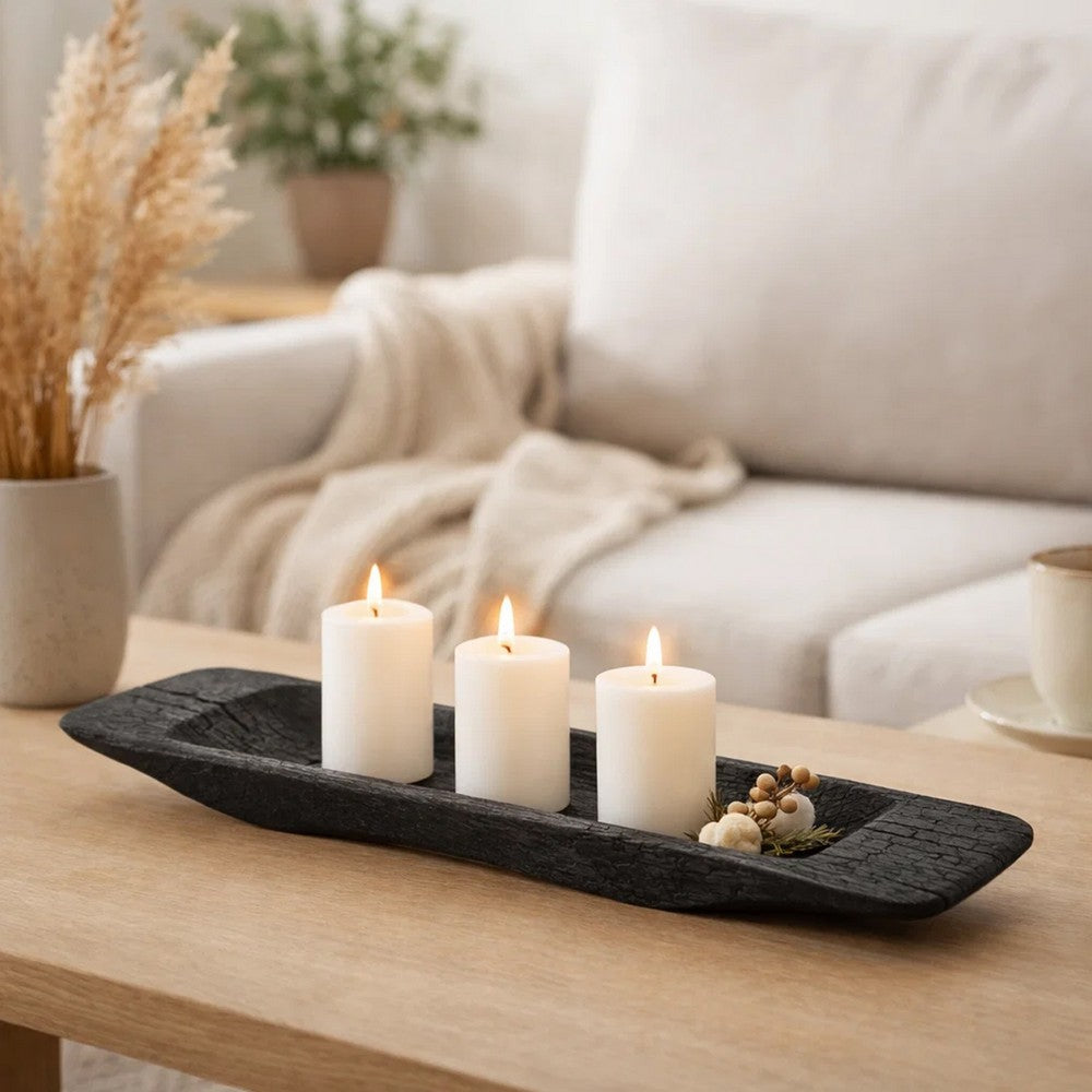 Sina 19" Long Narrow Decorative Live Edge Tray | Black Teak Wood