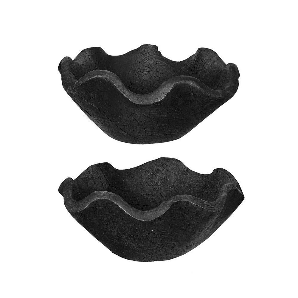 Decorative Bowls Set of 2 | Organic Ruffled Edges | Onyx Black Teak Wood