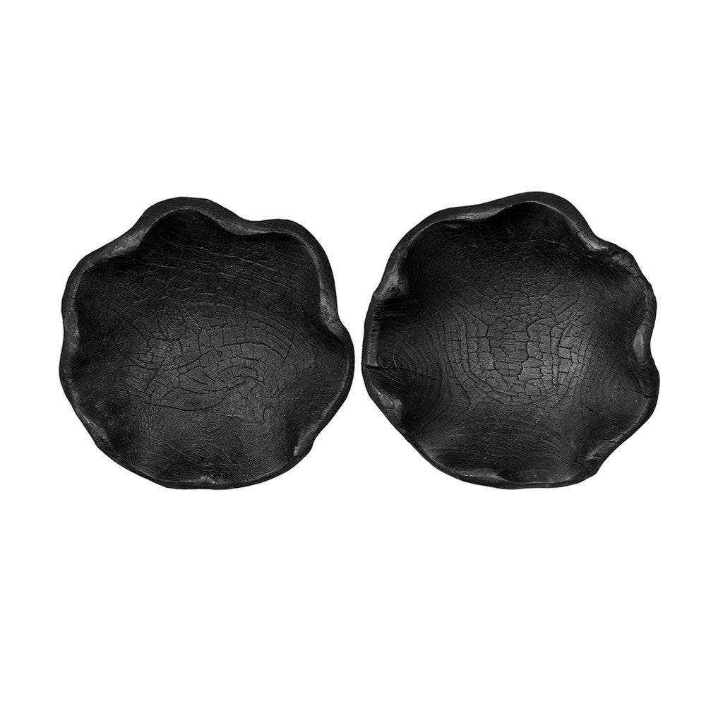 Decorative Bowls Set of 2 | Organic Ruffled Edges | Onyx Black Teak Wood