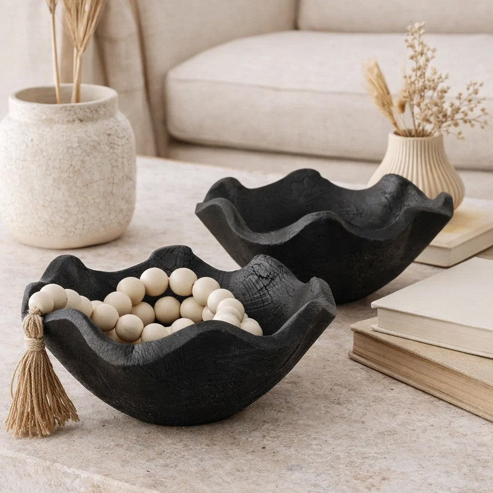 Decorative Bowls Set of 2 | Organic Ruffled Edges | Onyx Black Teak Wood