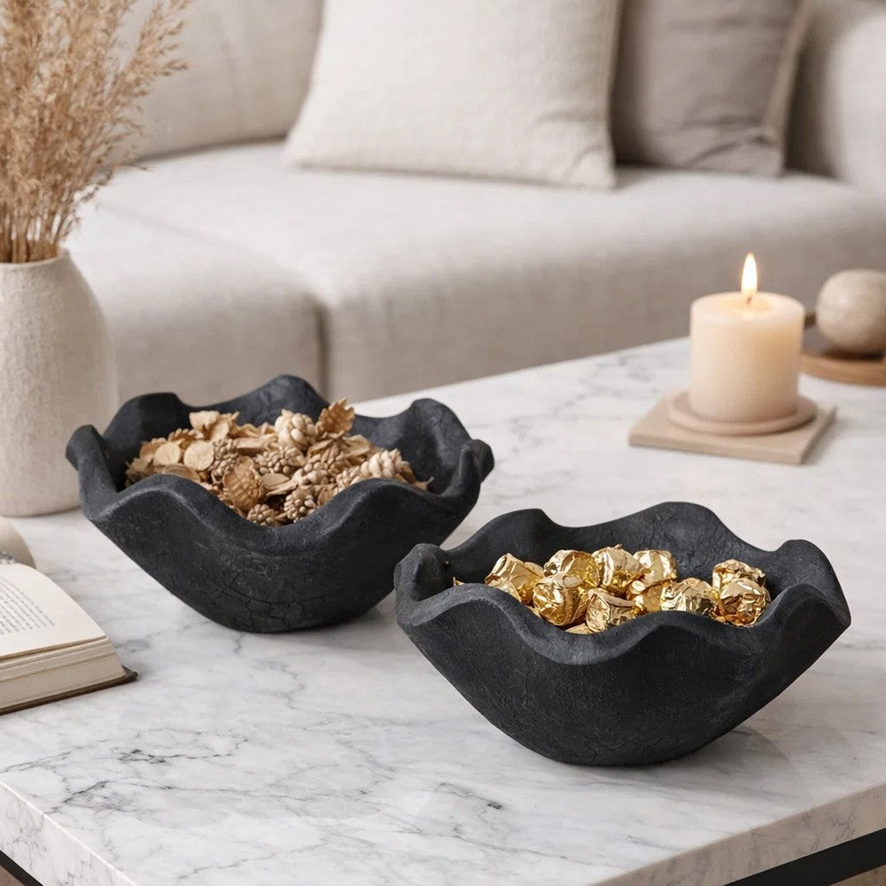 Decorative Bowls Set of 2 | Organic Ruffled Edges | Onyx Black Teak Wood