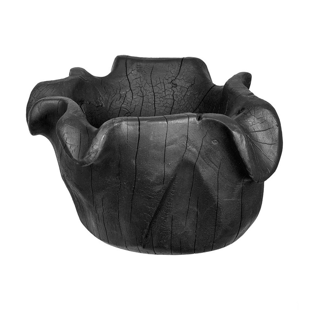 Decorative Bowl | Organic Ruffled Raised Edges | 14" Black Teak Wood