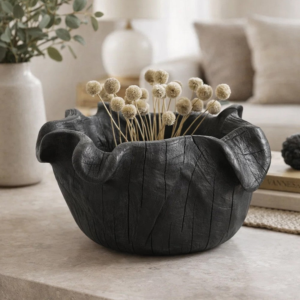 Decorative Bowl | Organic Ruffled Raised Edges | 14" Black Teak Wood