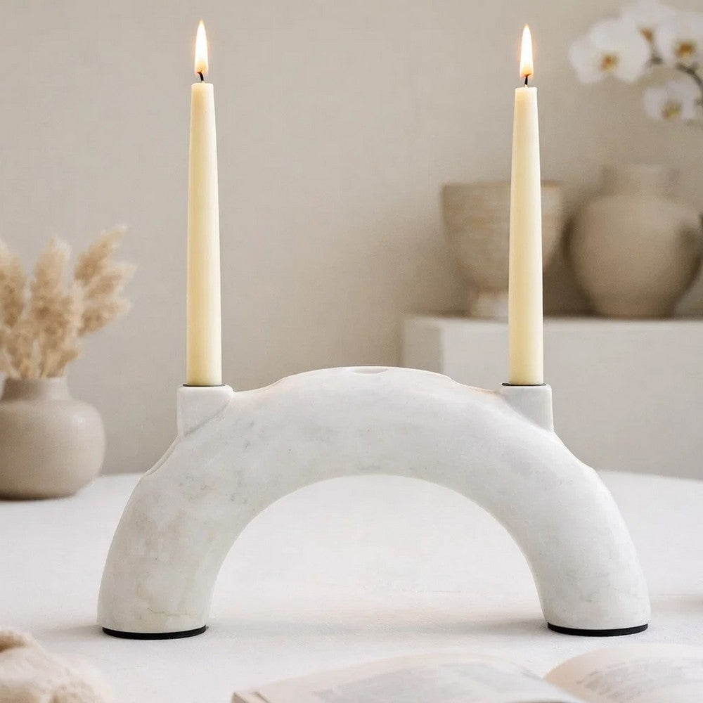 Arched Taper Candle Holder | Modern 10" White Marble | Holds 4 Candles
