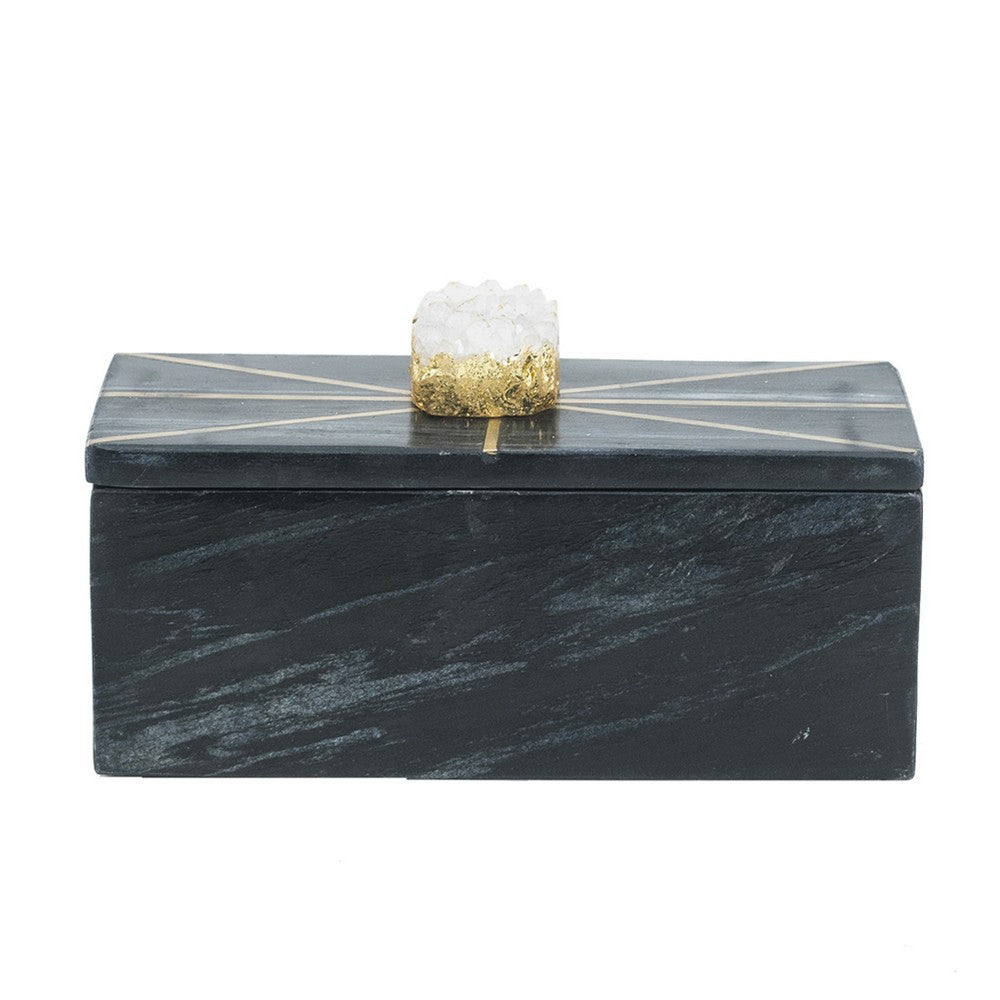 Decorative Storage Box with Gold Crystal Handle | 8" Black Marble