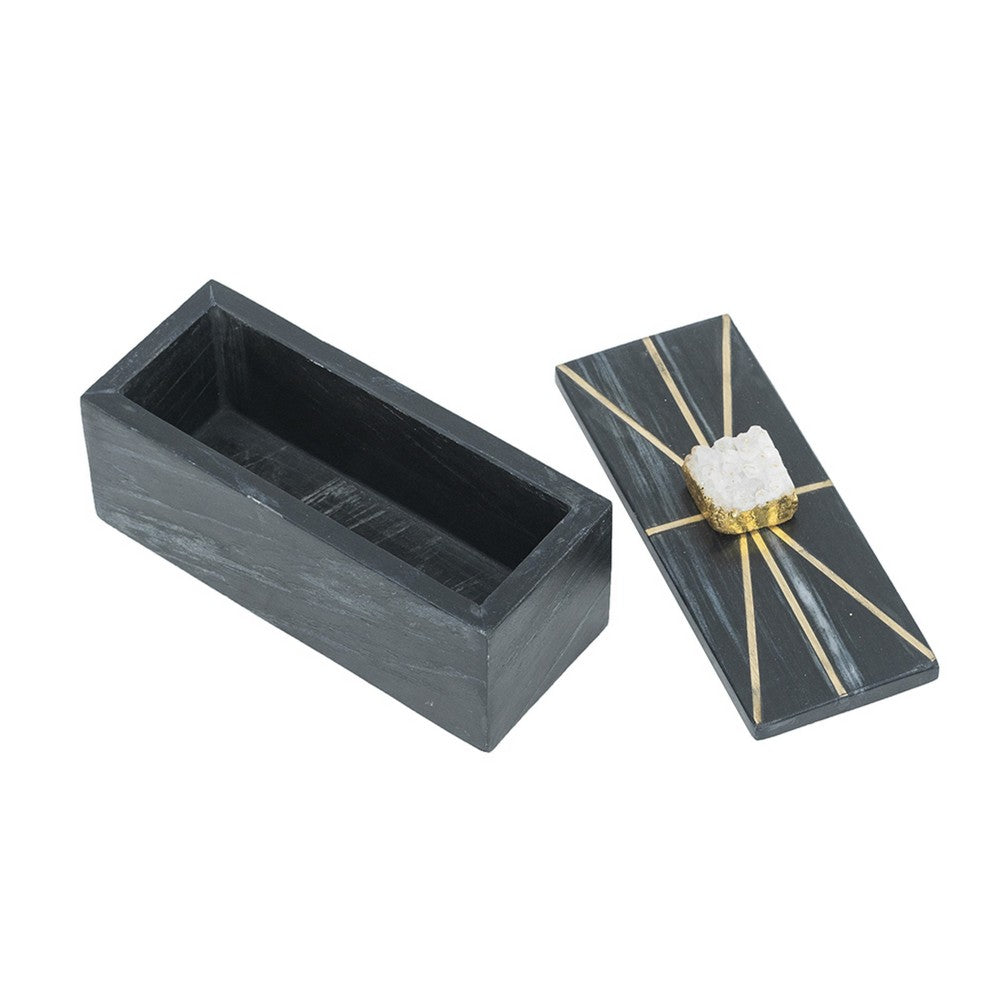 Decorative Storage Box with Gold Crystal Handle | 8" Black Marble