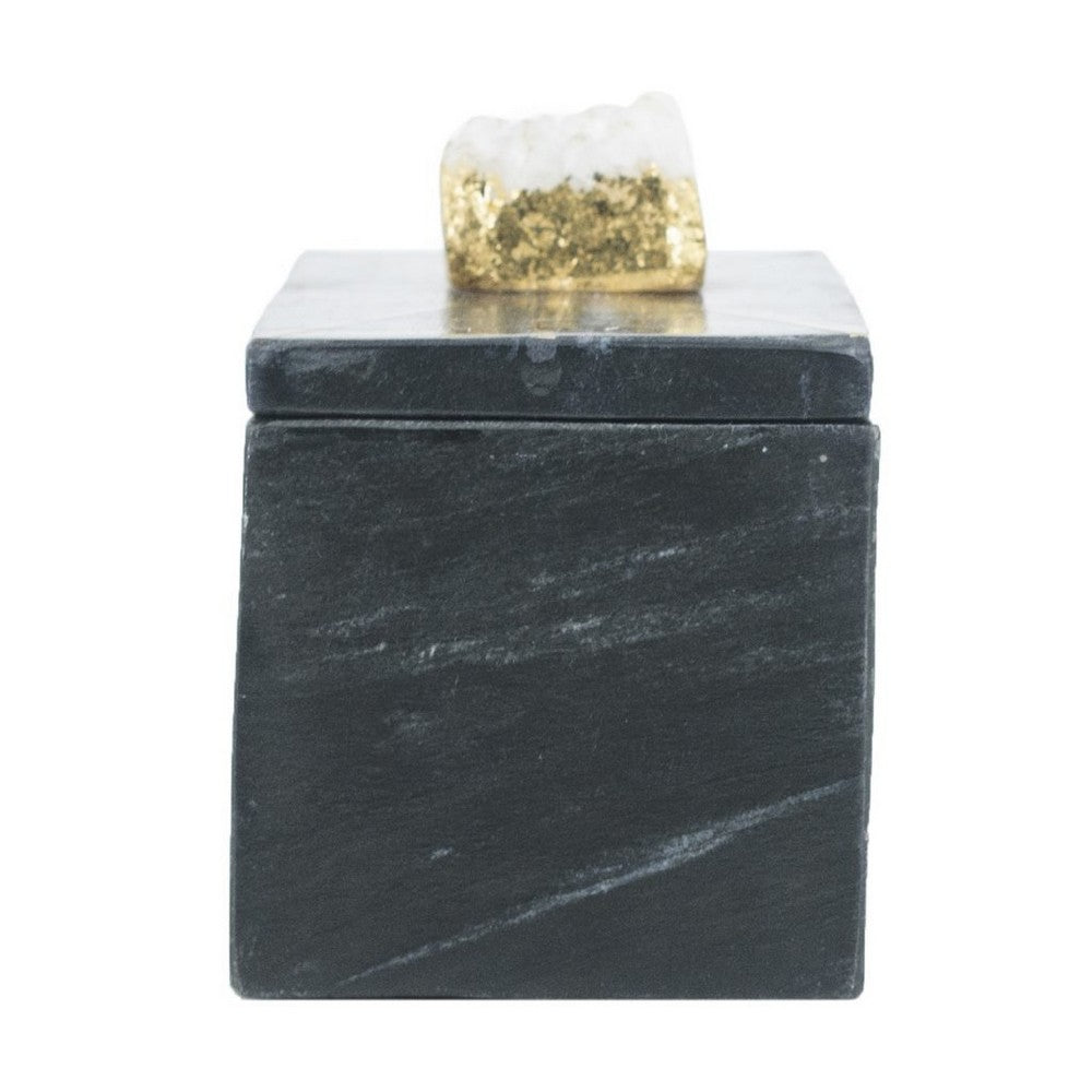 Decorative Storage Box with Gold Crystal Handle | 8" Black Marble