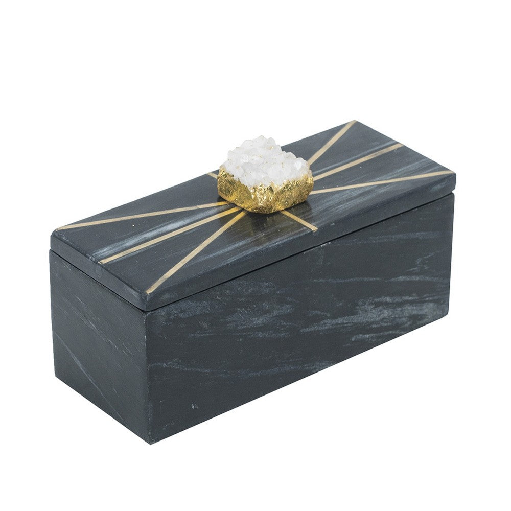 Decorative Storage Box with Gold Crystal Handle | 8" Black Marble