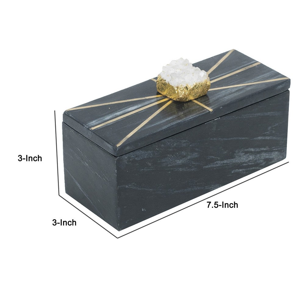 Decorative Storage Box with Gold Crystal Handle | 8" Black Marble