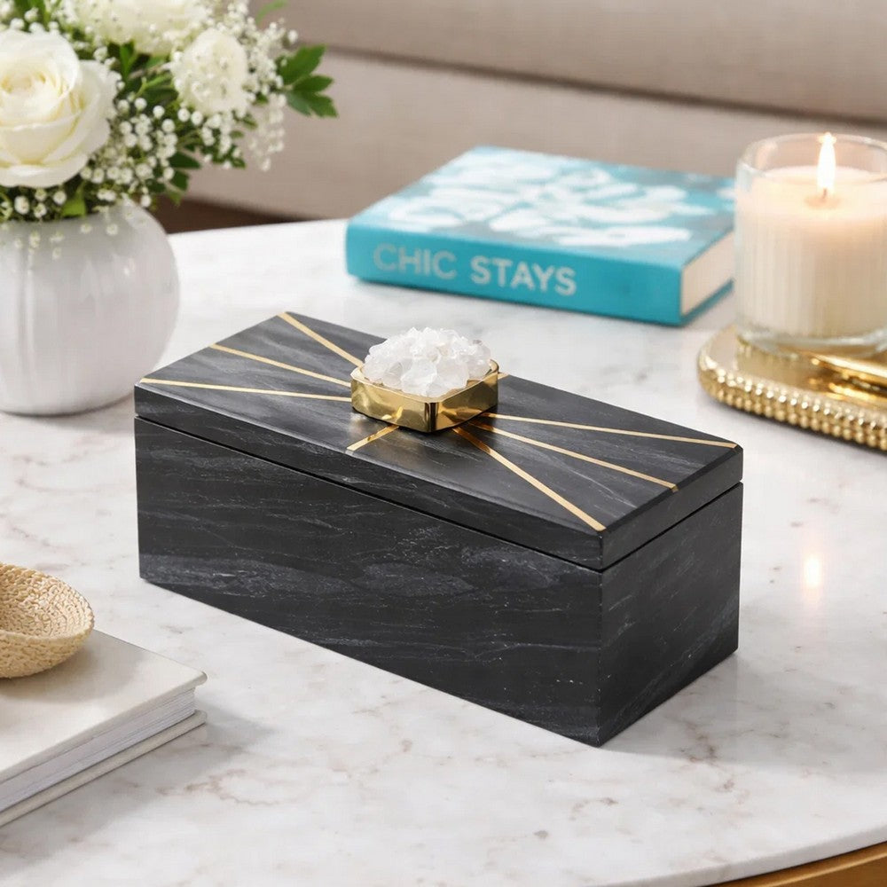 Decorative Storage Box with Gold Crystal Handle | 8" Black Marble