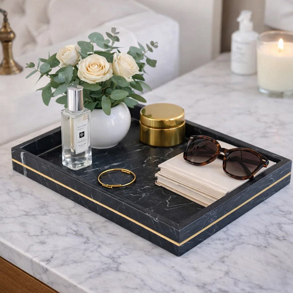 Decorative Tray with Gold Inlay | Raised Edges | 14" Black Marble