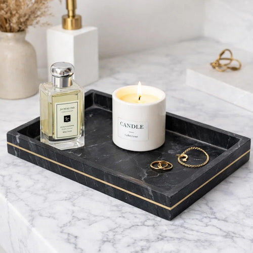 Decorative Tray with Gold Inlay | Raised Edges | 14" Black Marble