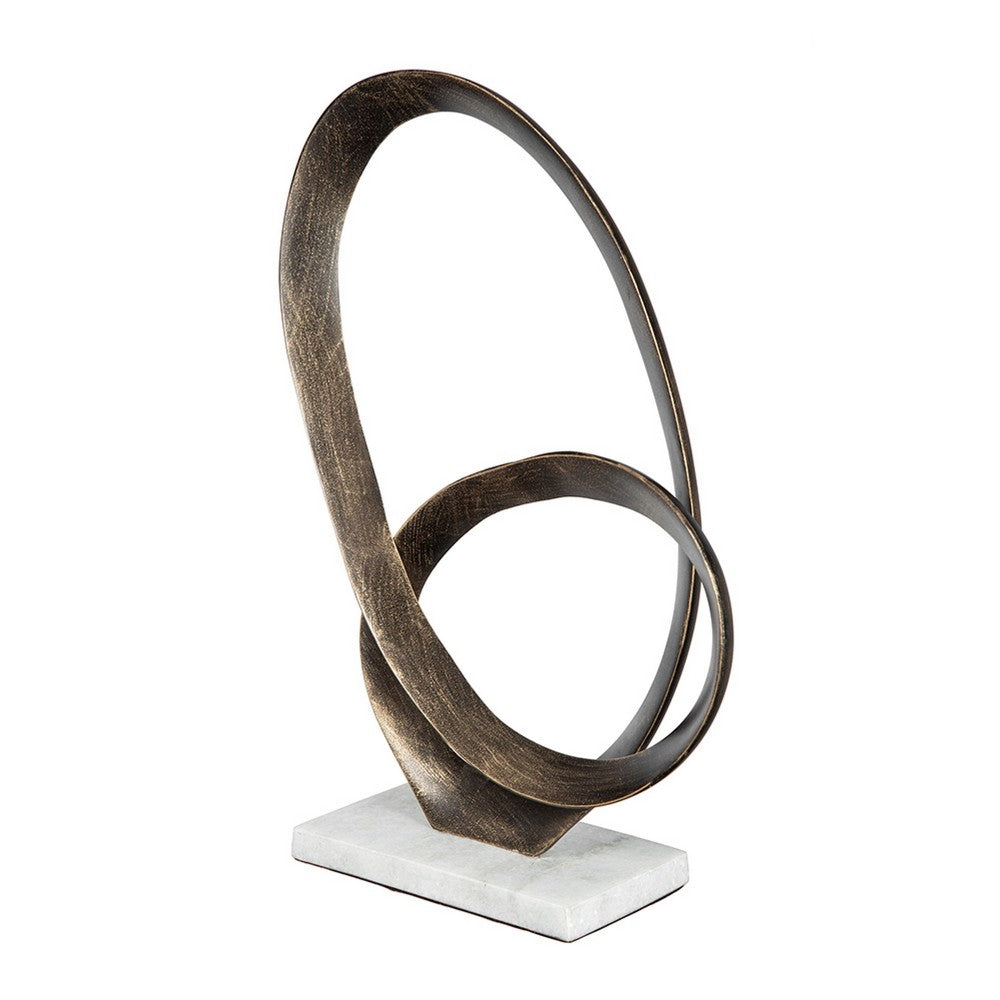 Twined Abstract Ring Sculpture | White Marble Base | 16" Gold Finish