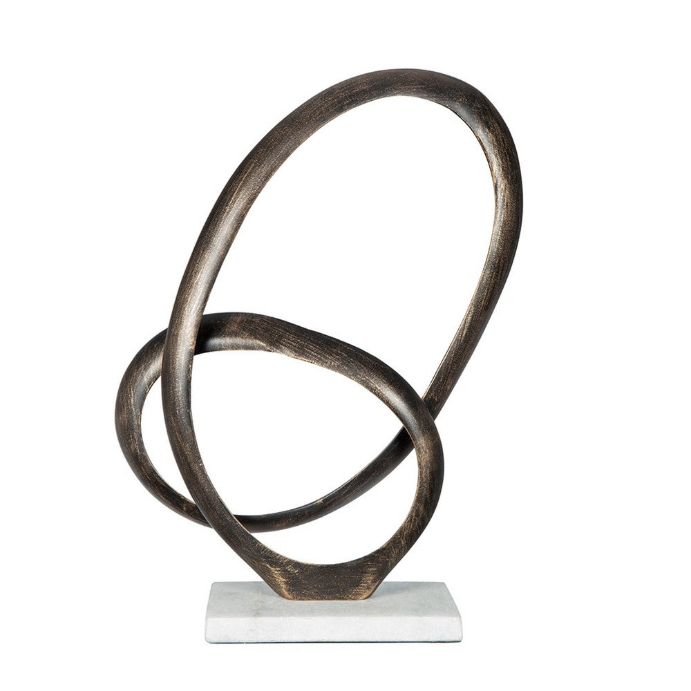 Twined Abstract Ring Sculpture | White Marble Base | 16" Gold Finish