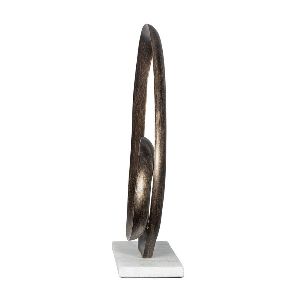 Twined Abstract Ring Sculpture | White Marble Base | 16" Gold Finish