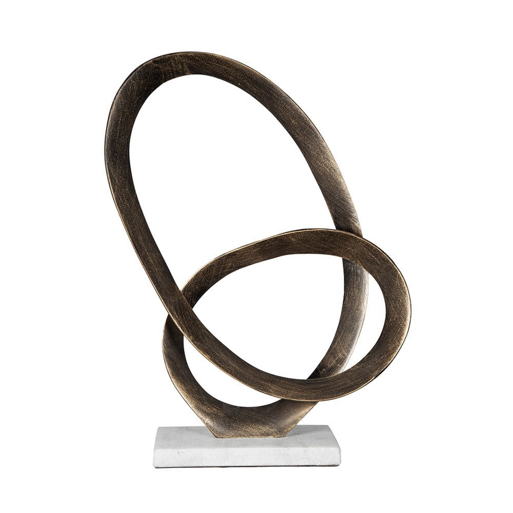Twined Abstract Ring Sculpture | White Marble Base | 16" Gold Finish