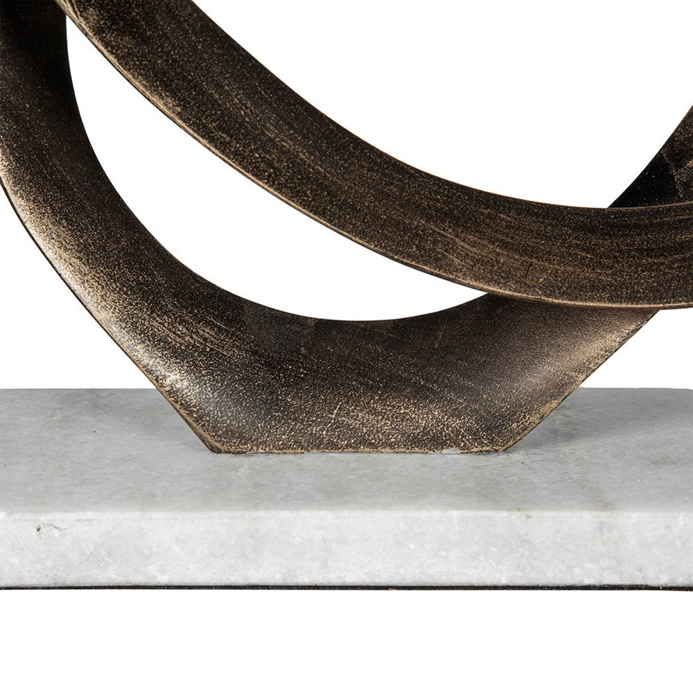 Twined Abstract Ring Sculpture | White Marble Base | 16" Gold Finish