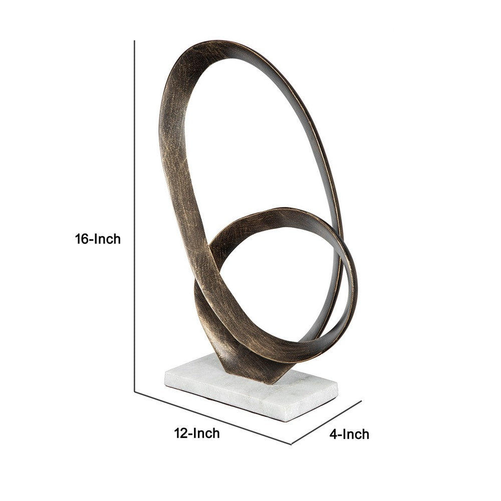 Twined Abstract Ring Sculpture | White Marble Base | 16" Gold Finish