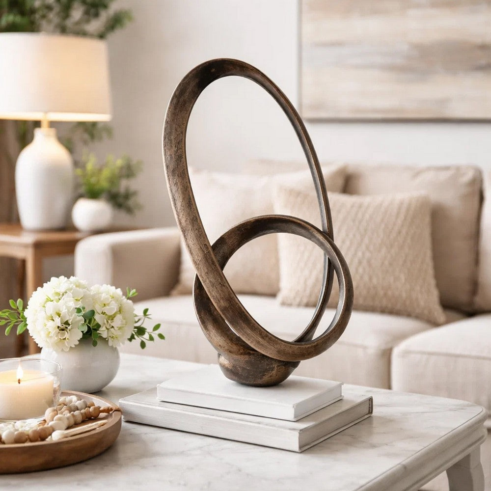 Twined Abstract Ring Sculpture | White Marble Base | 16" Gold Finish