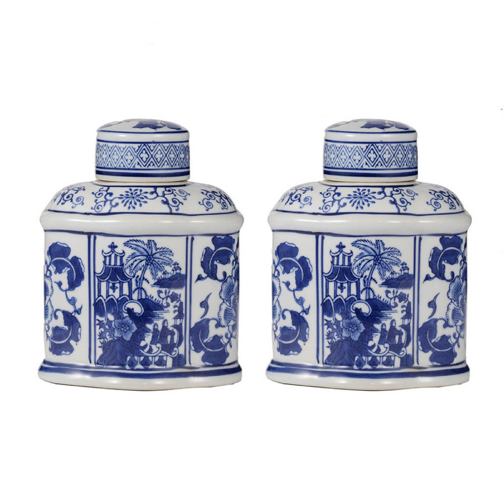 Decorative Lidded Jars Set of 2 | Classic White Blue Chinoiserie Art