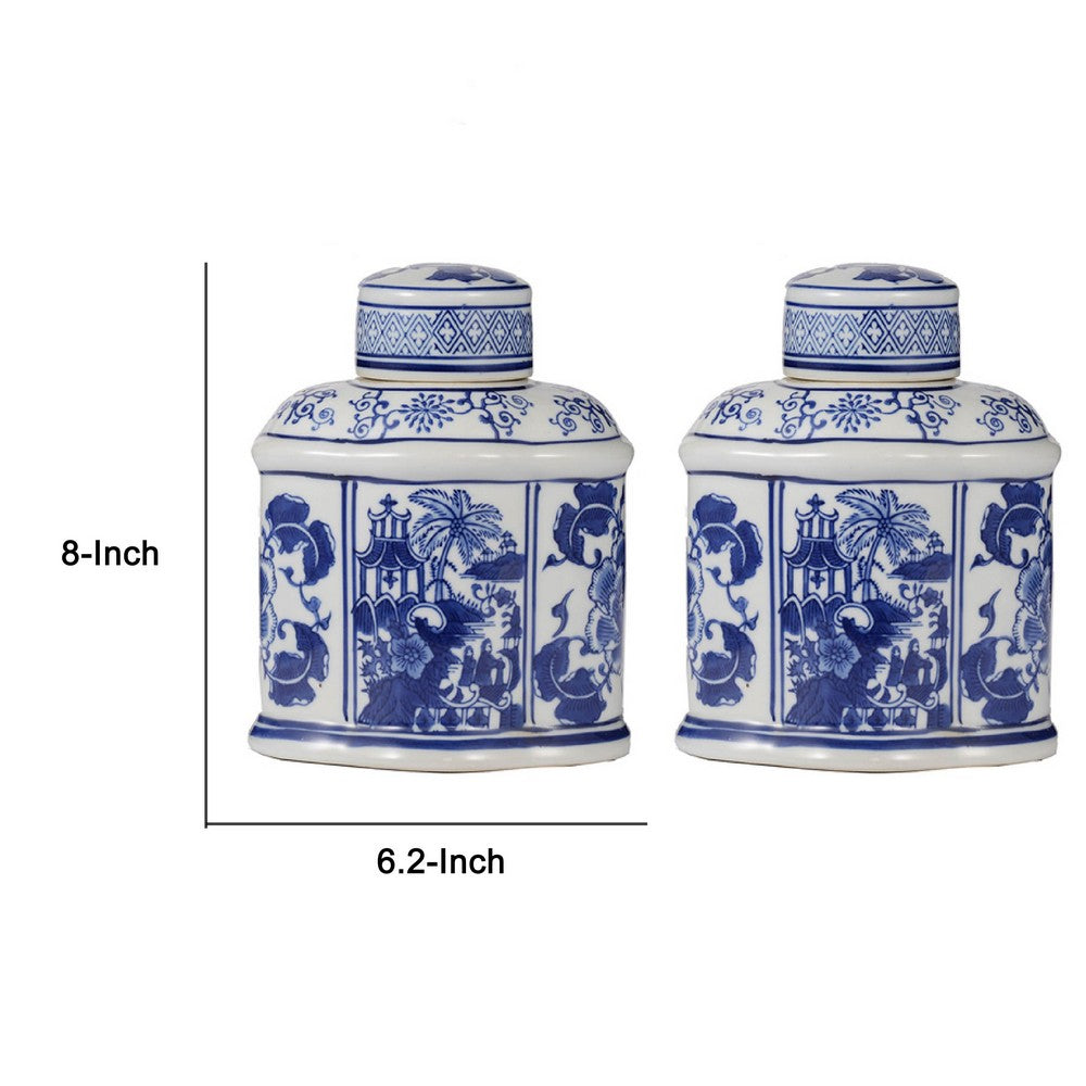 Decorative Lidded Jars Set of 2 | Classic White Blue Chinoiserie Art
