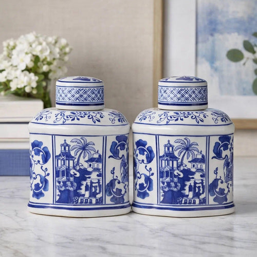 Decorative Lidded Jars Set of 2 | Classic White Blue Chinoiserie Art