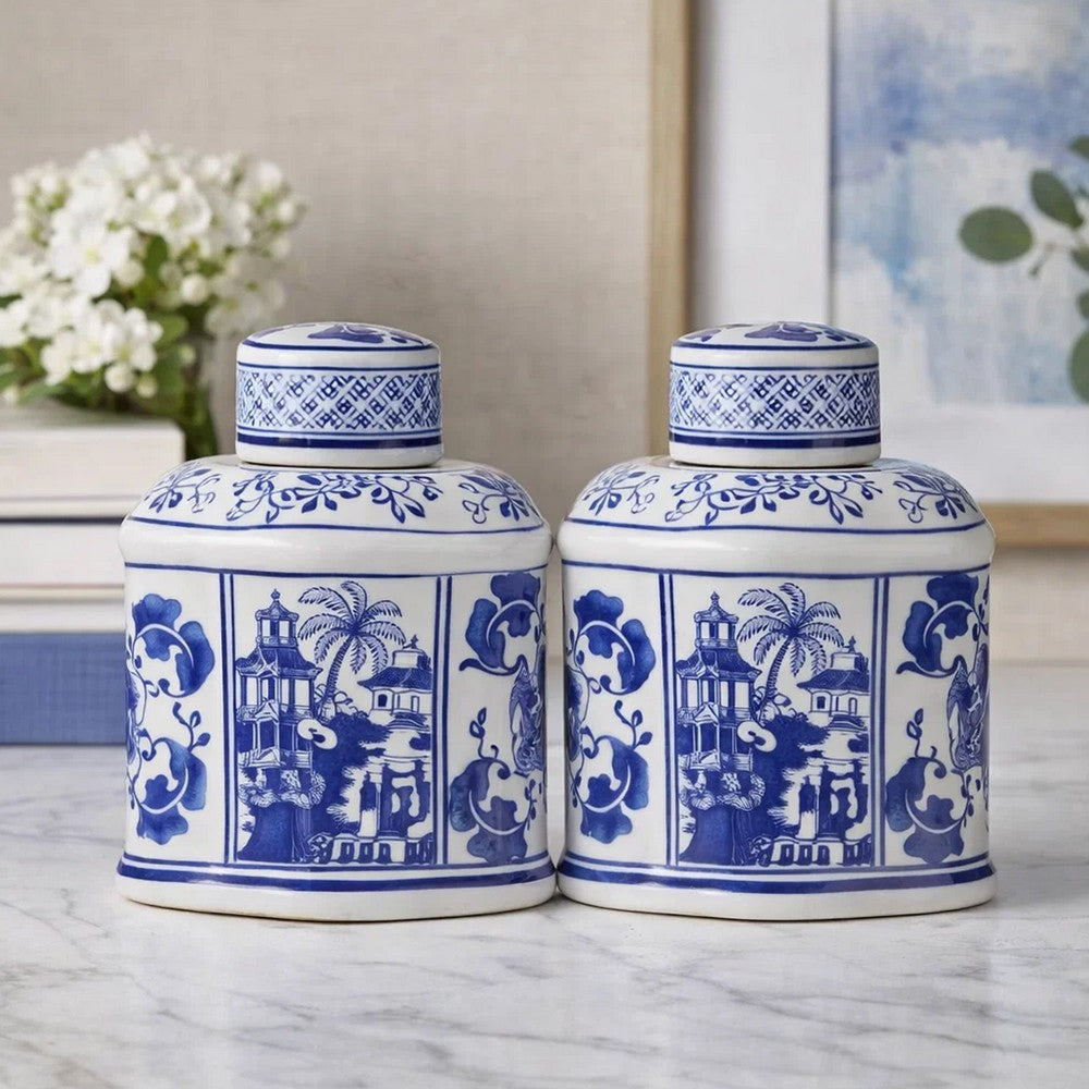 Decorative Lidded Jars Set of 2 | Classic White Blue Chinoiserie Art