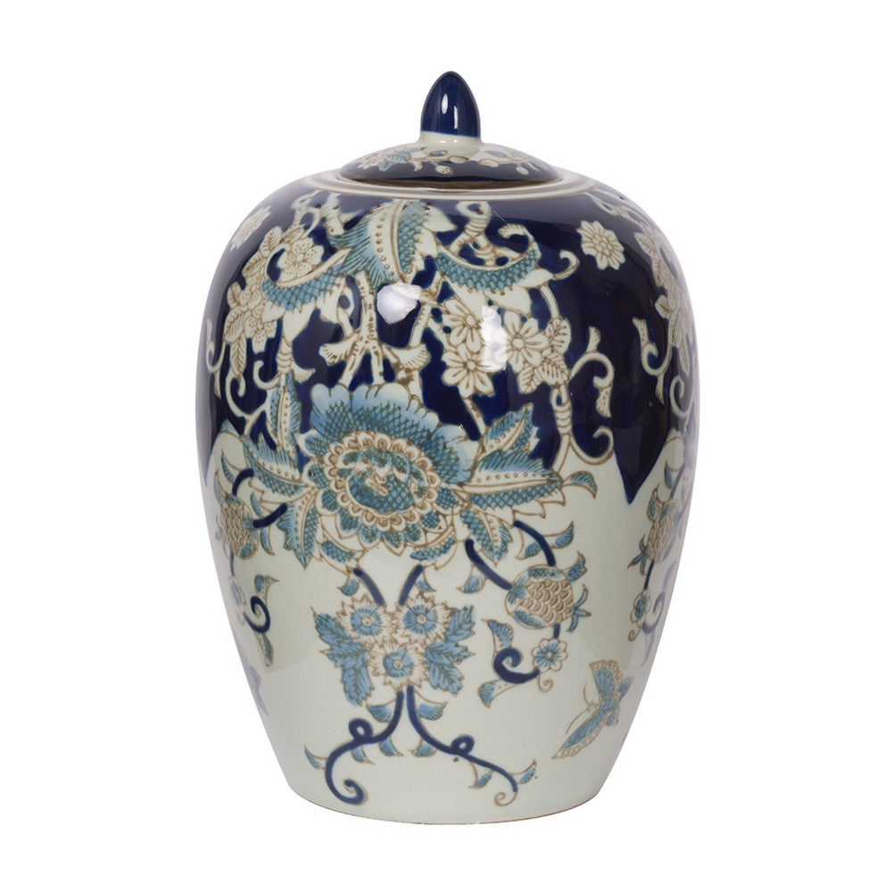 Botanical Ginger Jar with Lid | Classical Blue White Floral Motifs | 11"