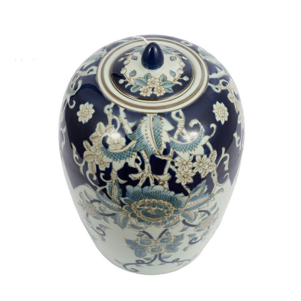 Botanical Ginger Jar with Lid | Classical Blue White Floral Motifs | 11"