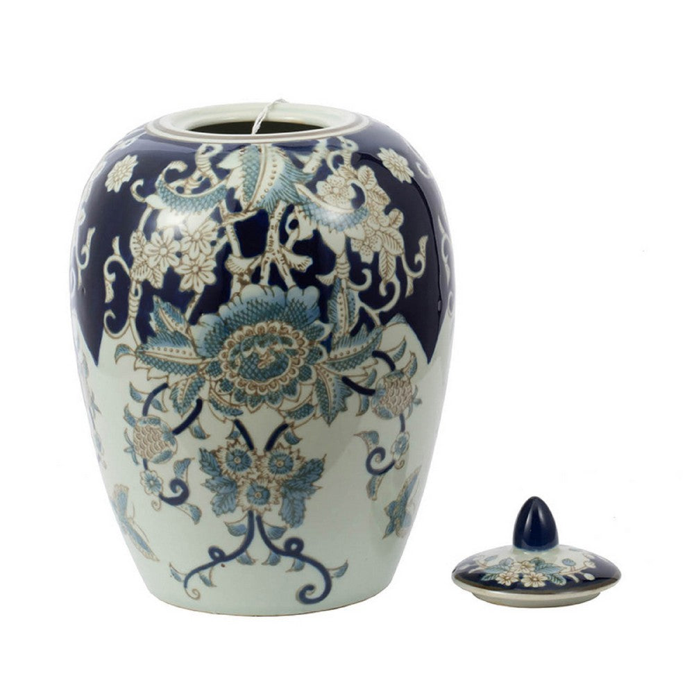 Botanical Ginger Jar with Lid | Classical Blue White Floral Motifs | 11"