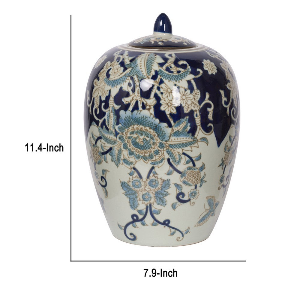 Botanical Ginger Jar with Lid | Classical Blue White Floral Motifs | 11"