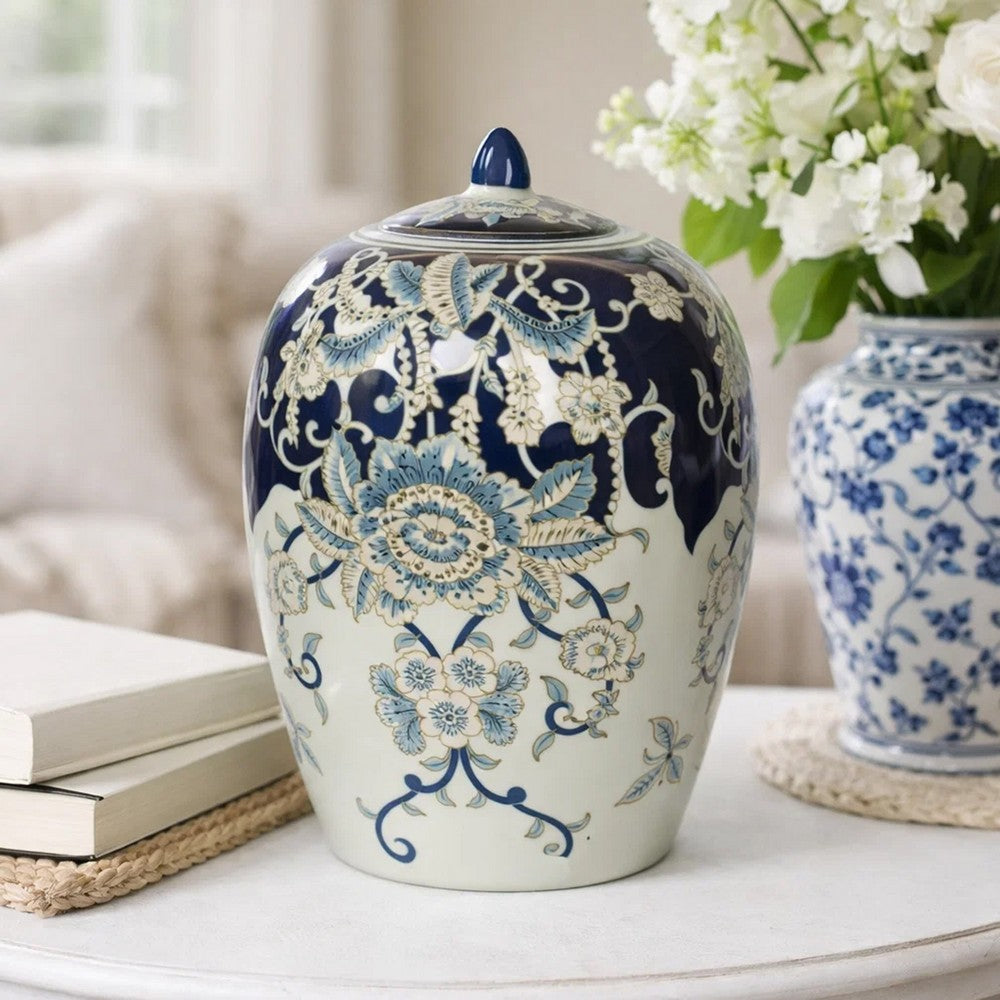 Botanical Ginger Jar with Lid | Classical Blue White Floral Motifs | 11"