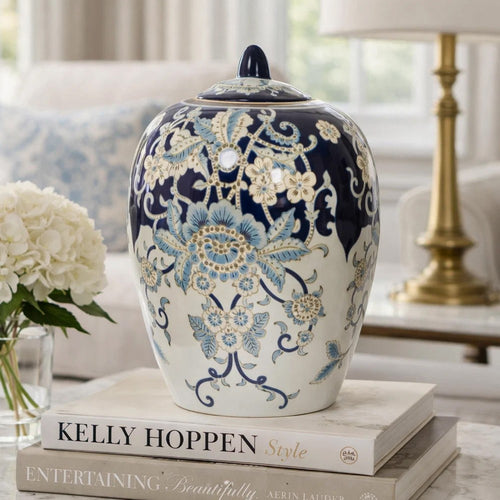 Botanical Ginger Jar with Lid | Classical Blue White Floral Motifs | 11"