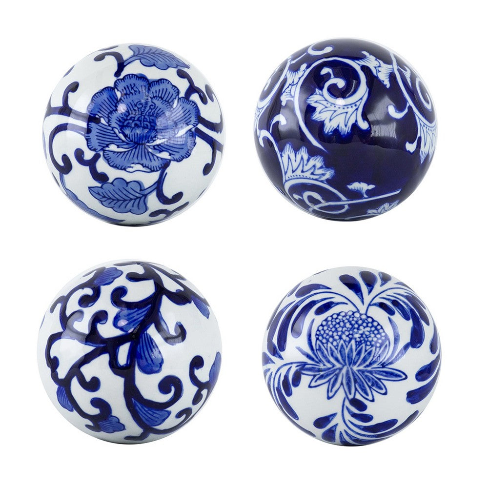 3pc Decorative Orbs Set | Glossy Blue White Porcelain Balls w Floral Motifs