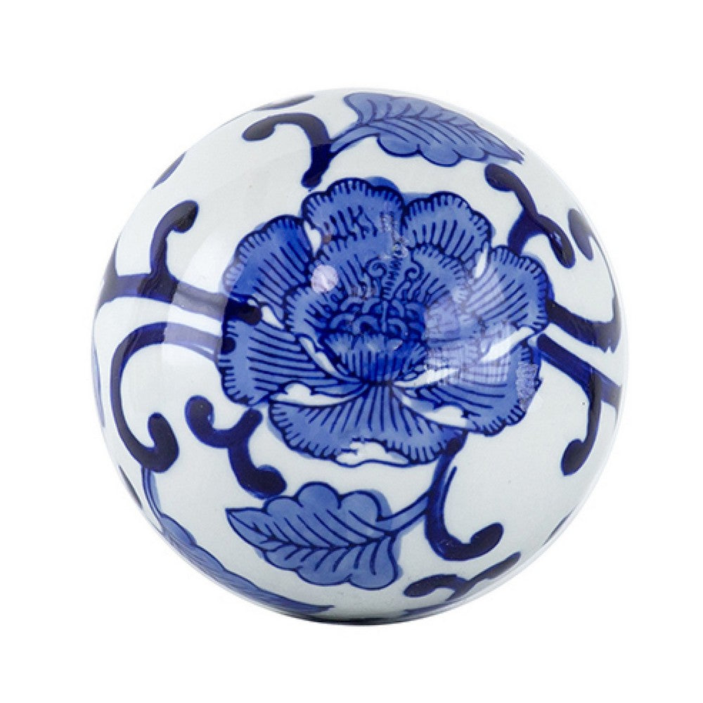 3pc Decorative Orbs Set | Glossy Blue White Porcelain Balls w Floral Motifs