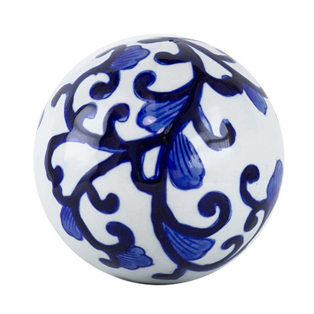 3pc Decorative Orbs Set | Glossy Blue White Porcelain Balls w Floral Motifs