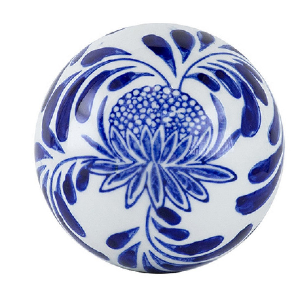 3pc Decorative Orbs Set | Glossy Blue White Porcelain Balls w Floral Motifs