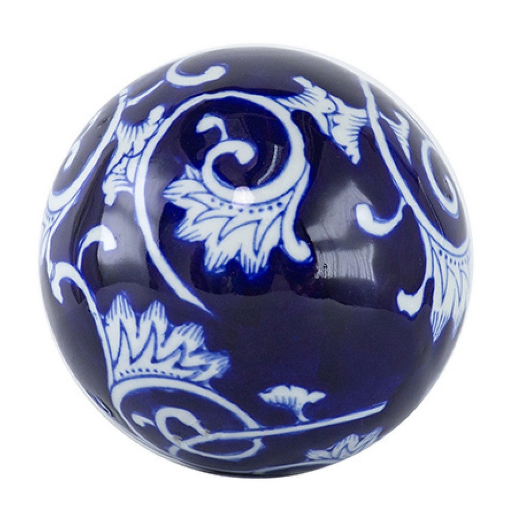 3pc Decorative Orbs Set | Glossy Blue White Porcelain Balls w Floral Motifs