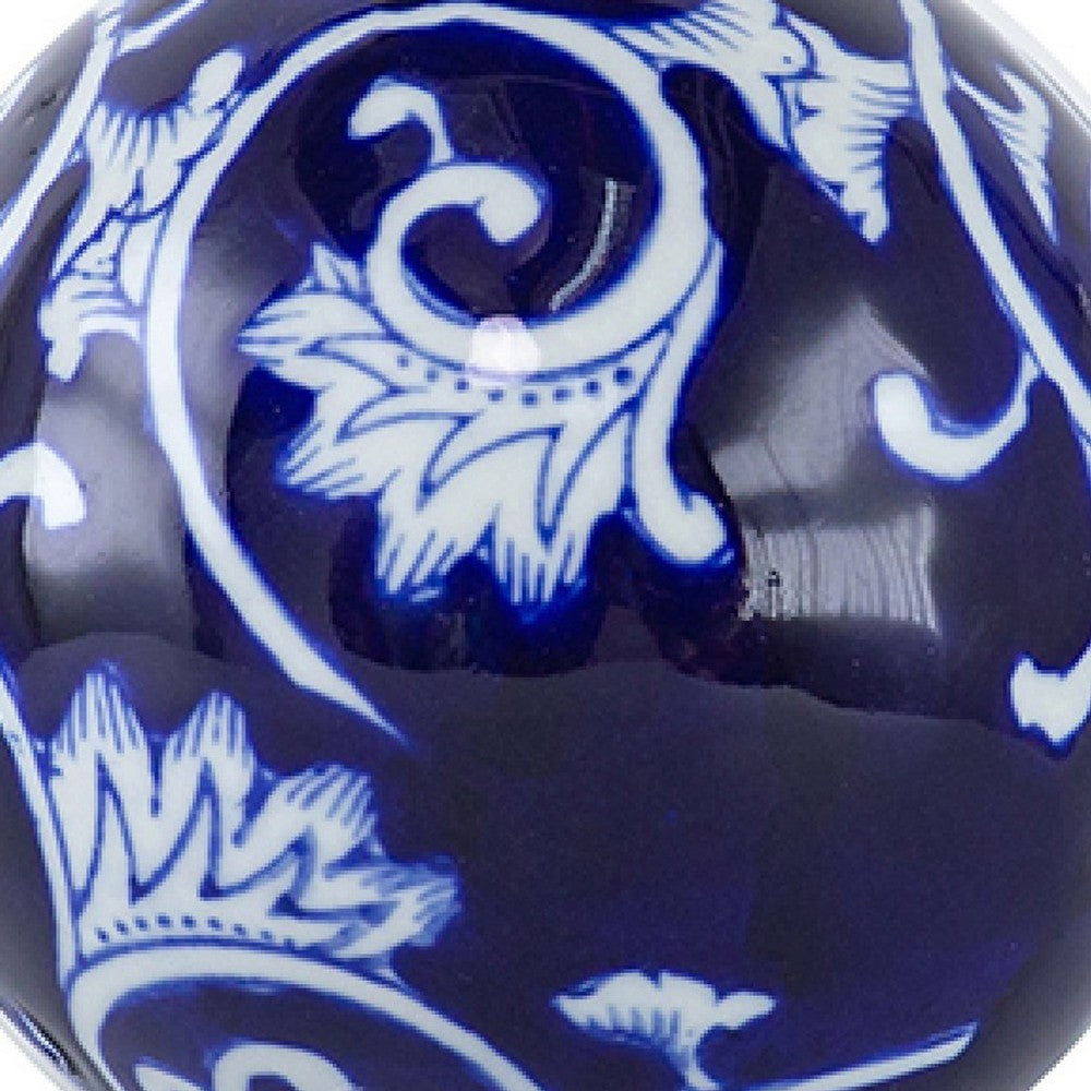 3pc Decorative Orbs Set | Glossy Blue White Porcelain Balls w Floral Motifs