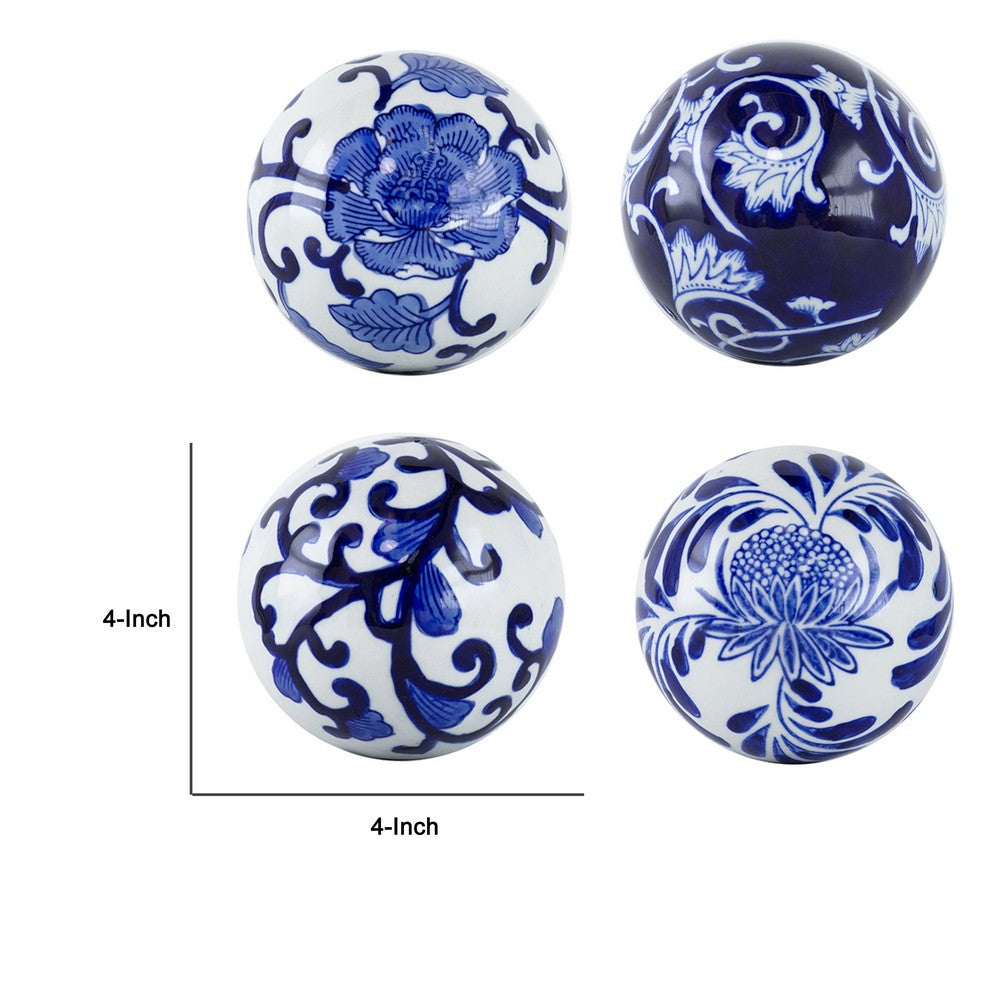 3pc Decorative Orbs Set | Glossy Blue White Porcelain Balls w Floral Motifs