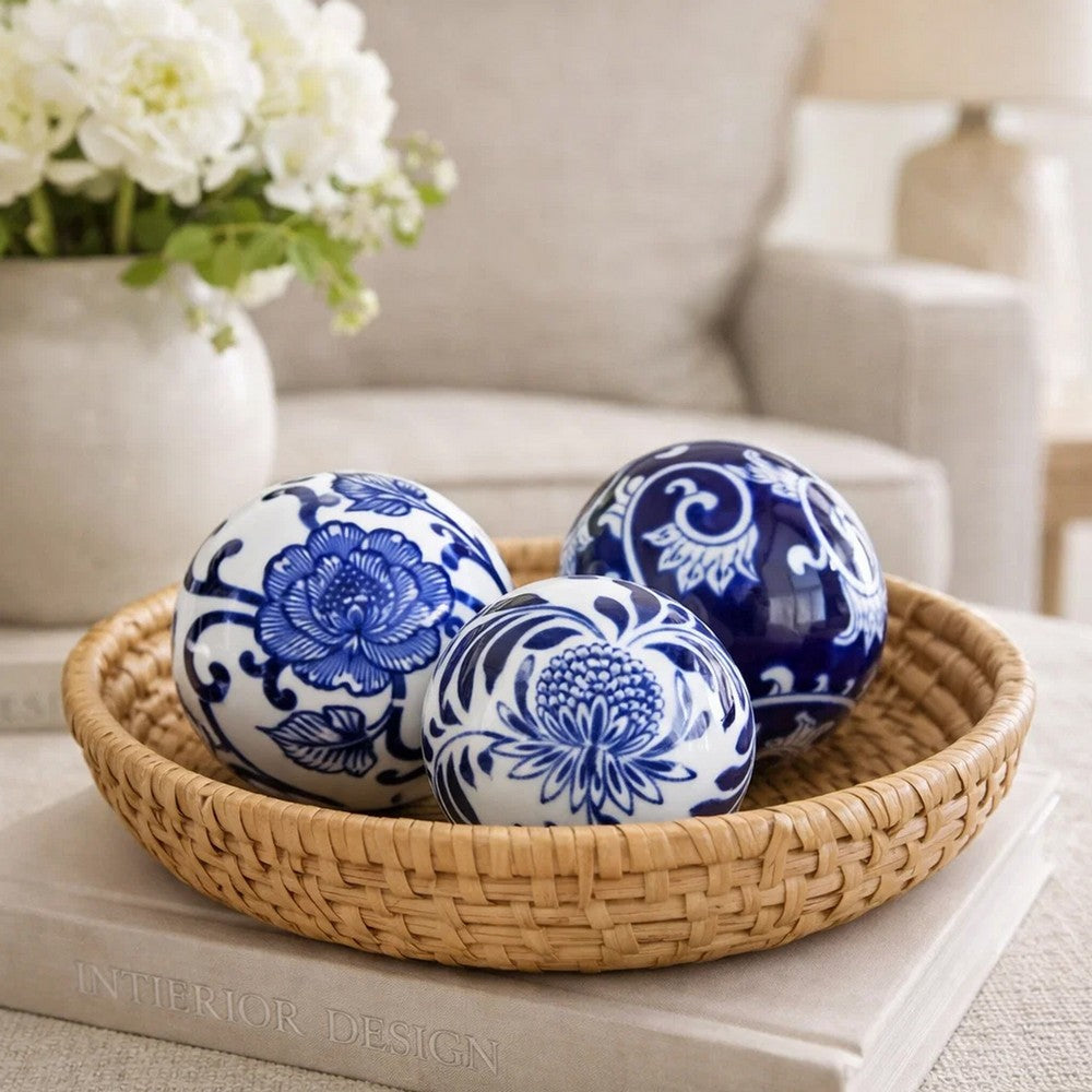 3pc Decorative Orbs Set | Glossy Blue White Porcelain Balls w Floral Motifs