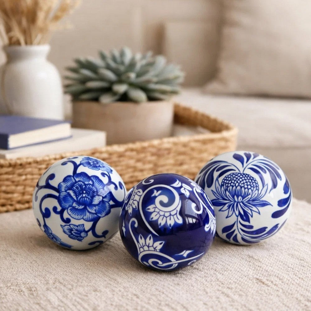 3pc Decorative Orbs Set | Glossy Blue White Porcelain Balls w Floral Motifs
