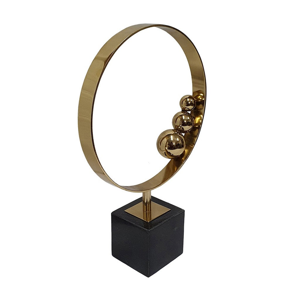 Mavy Large Tabletop Decor | Ring Statuary | Black Marble | Gold Steel 15"