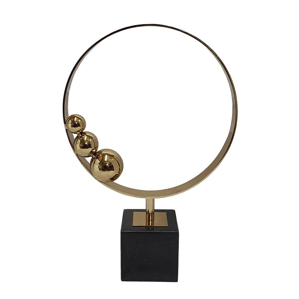Mavy Large Tabletop Decor | Ring Statuary | Black Marble | Gold Steel 15"