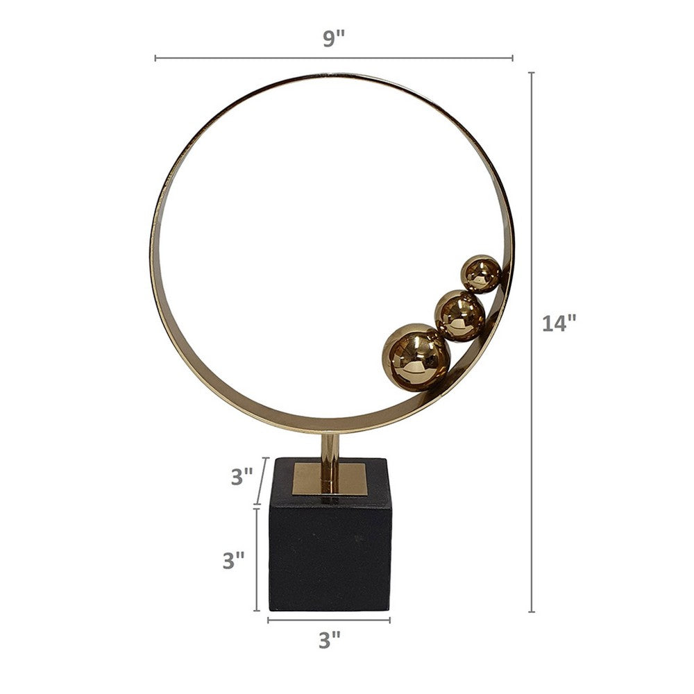 Mavy Large Tabletop Decor | Ring Statuary | Black Marble | Gold Steel 15"
