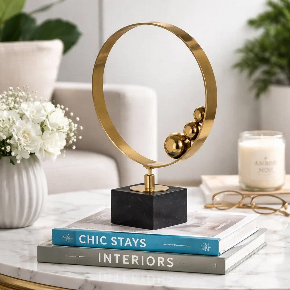Mavy Large Tabletop Decor | Ring Statuary | Black Marble | Gold Steel 15"