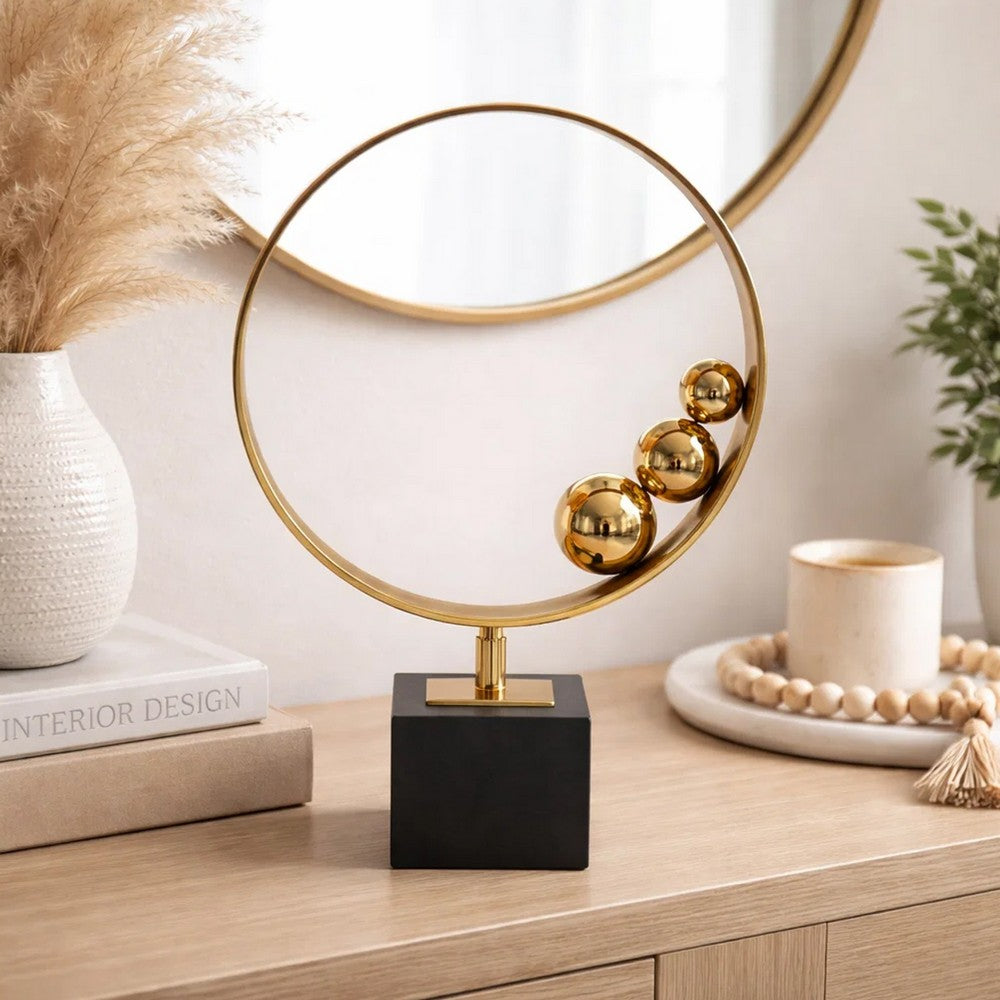 Mavy Small Tabletop Decor | Ring Statuary Black Marble | Gold Steel 14"