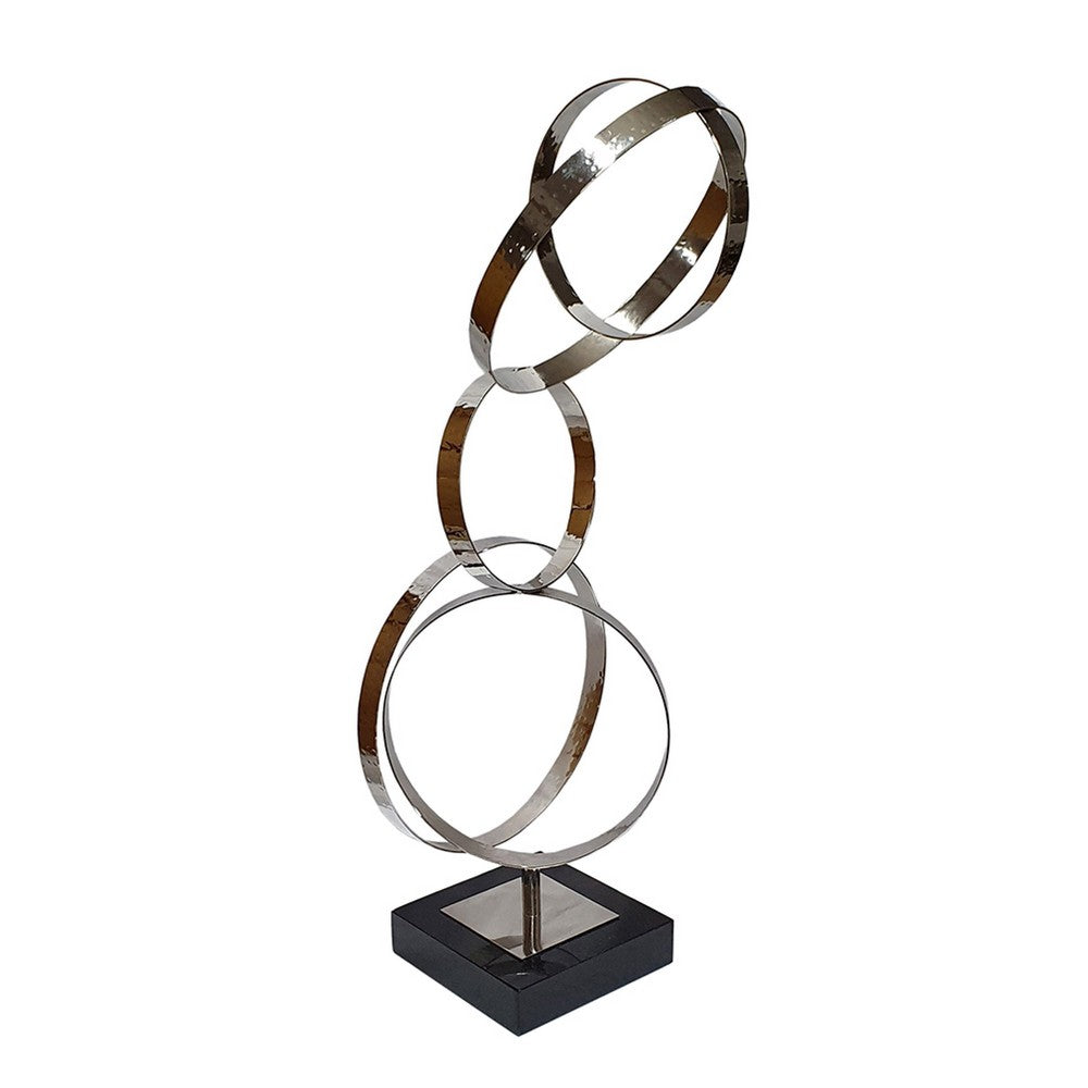 Haren Large Sculpture | Silver Steel Intertwined Rings | Black Marble 23"